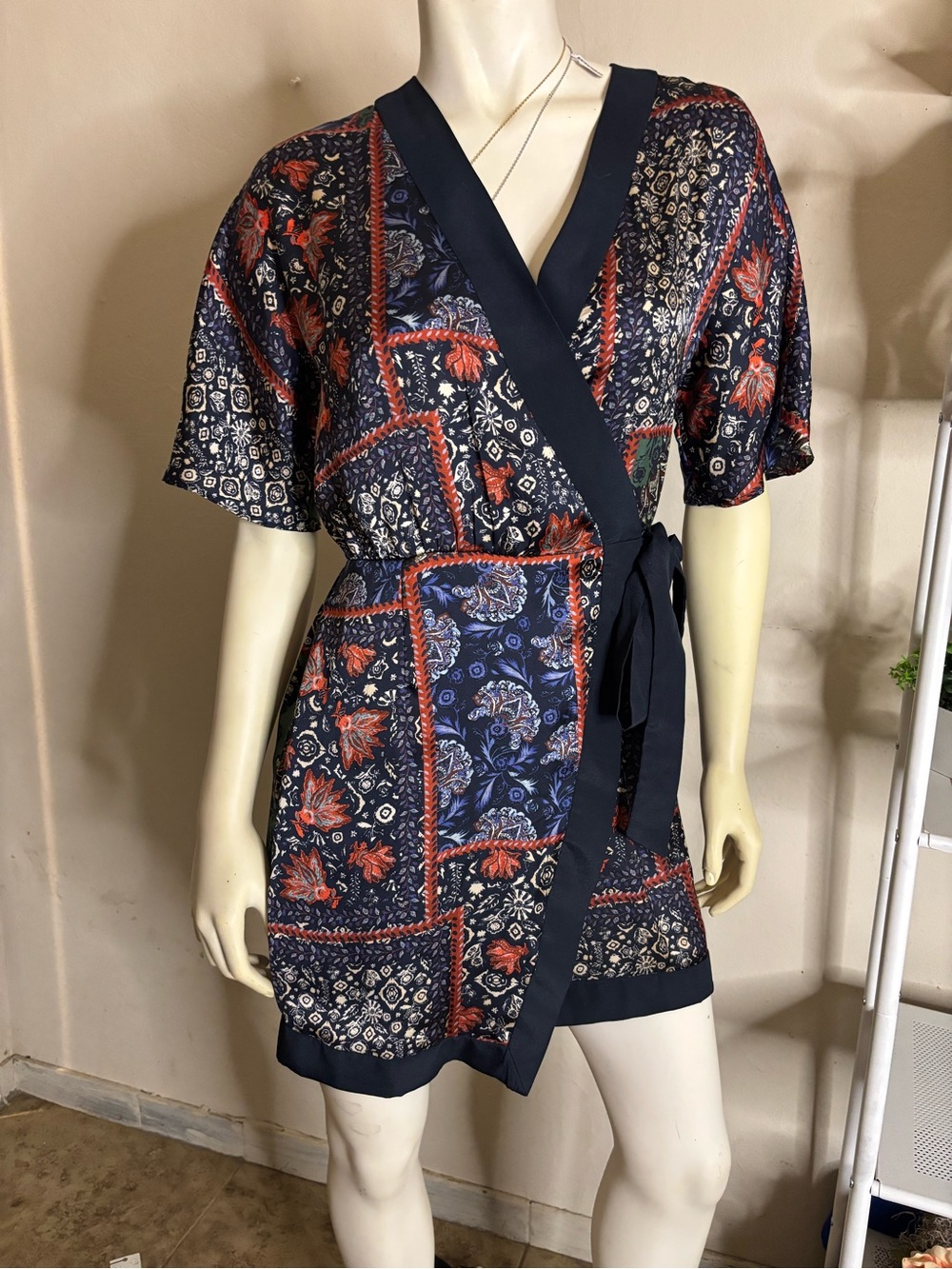 Zara Green Navy Paisley Print Dress with Red Trim
